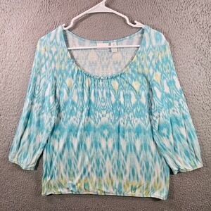 Chicos Size 1 Tie Dye Scoop Neck 3/4‎ Sleeve Top Blue Yellow White